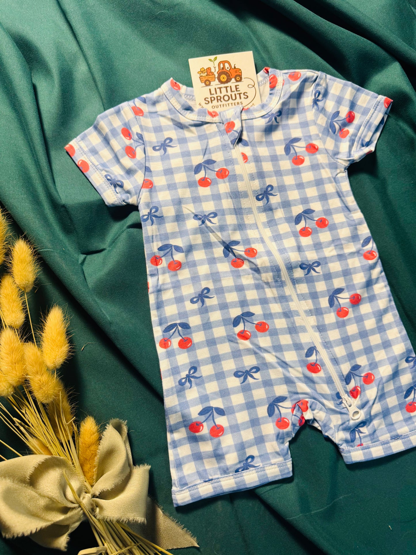 Red Cherry Gingham Bamboo Zip Romper | Girls
