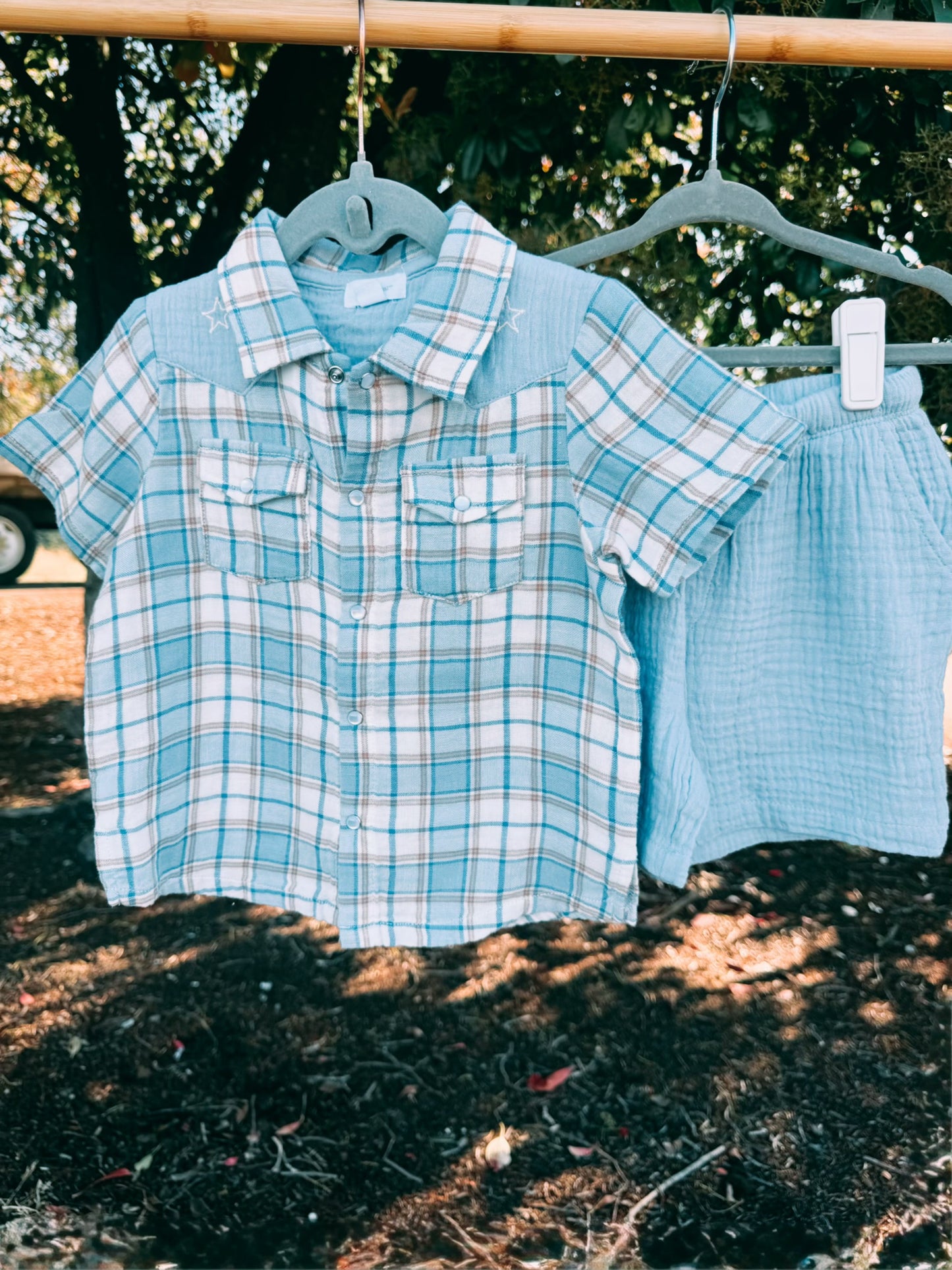 Western Plaid Pearl Snap Shirt & Shorts Outfit | Boys