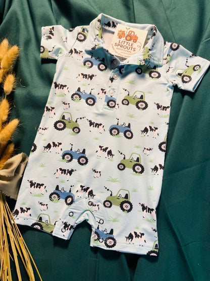 Farmer Blue Bamboo Polo Romper | Boys
