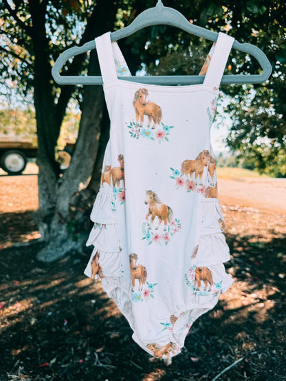 Pink Ponies Ruffle Sunsuit | Girls