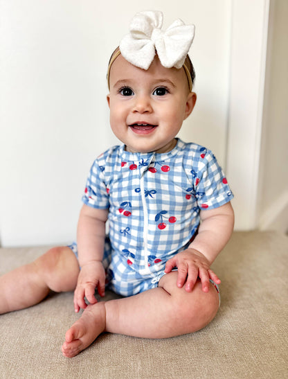 Red Cherry Gingham Bamboo Zip Romper | Girls
