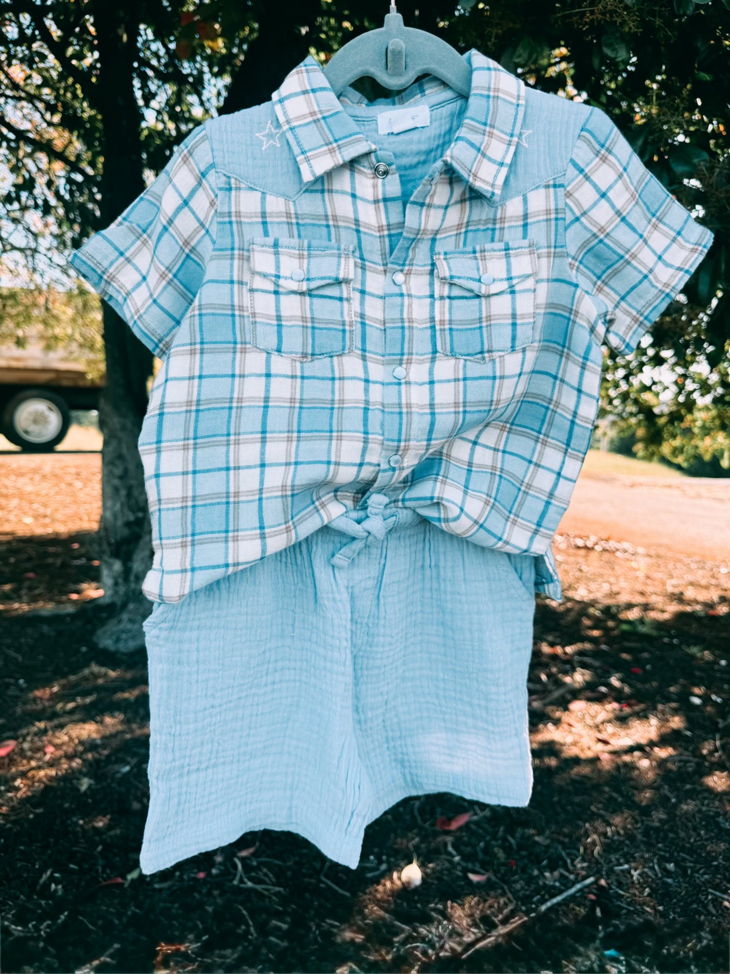Western Plaid Pearl Snap Shirt & Shorts Outfit | Boys