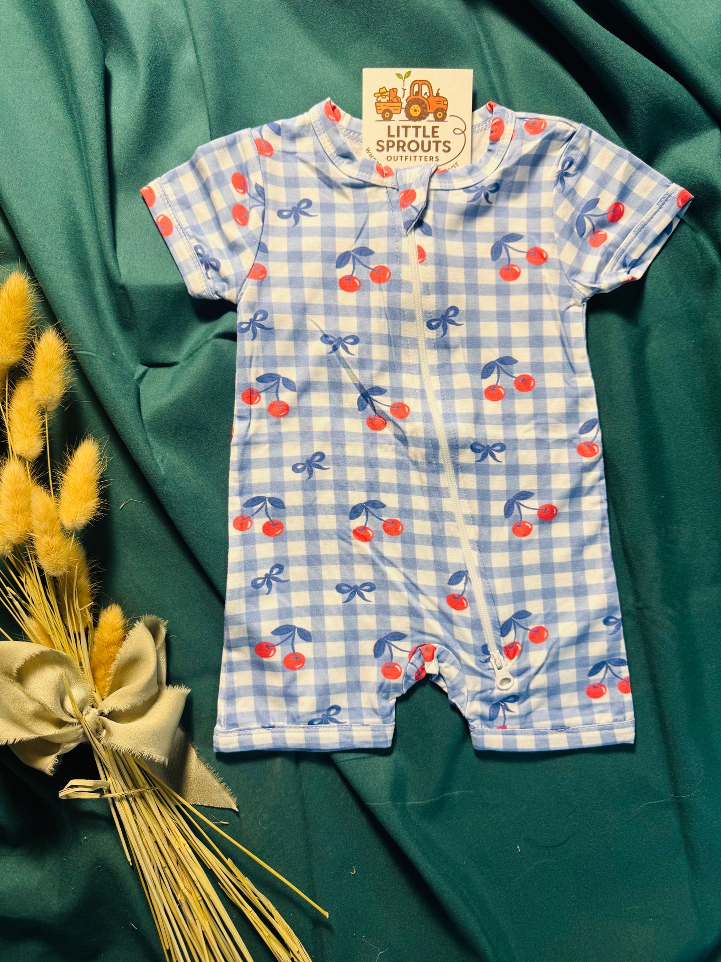 Red Cherry Gingham Bamboo Zip Romper | Girls