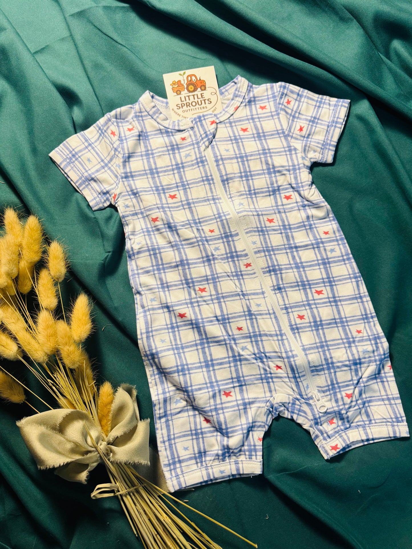Blue Gingham Star Bamboo Zip Romper | Boys
