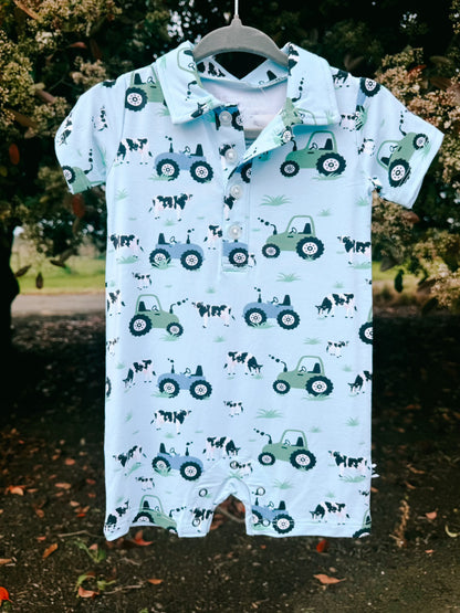 Farmer Blue Bamboo Polo Romper | Boys