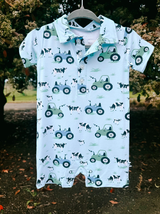Farmer Blue Bamboo Polo Romper
