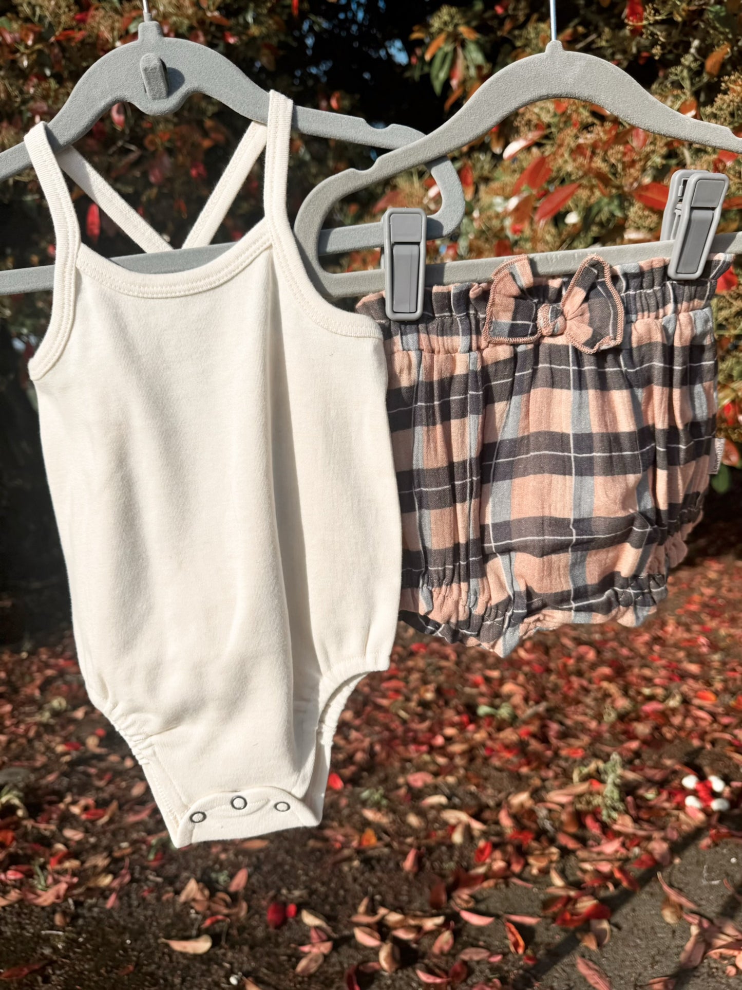 Cream Onesie + Trailside Plaid Bloomer Set