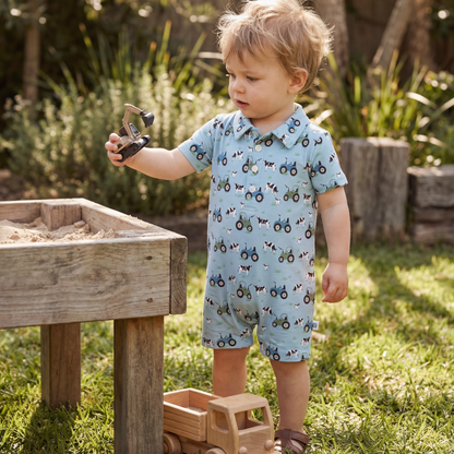 Farmer Blue Bamboo Polo Romper | Boys