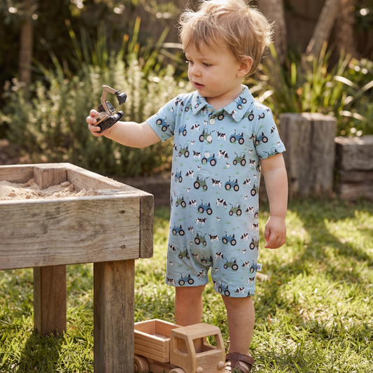 Farmer Blue Bamboo Polo Romper