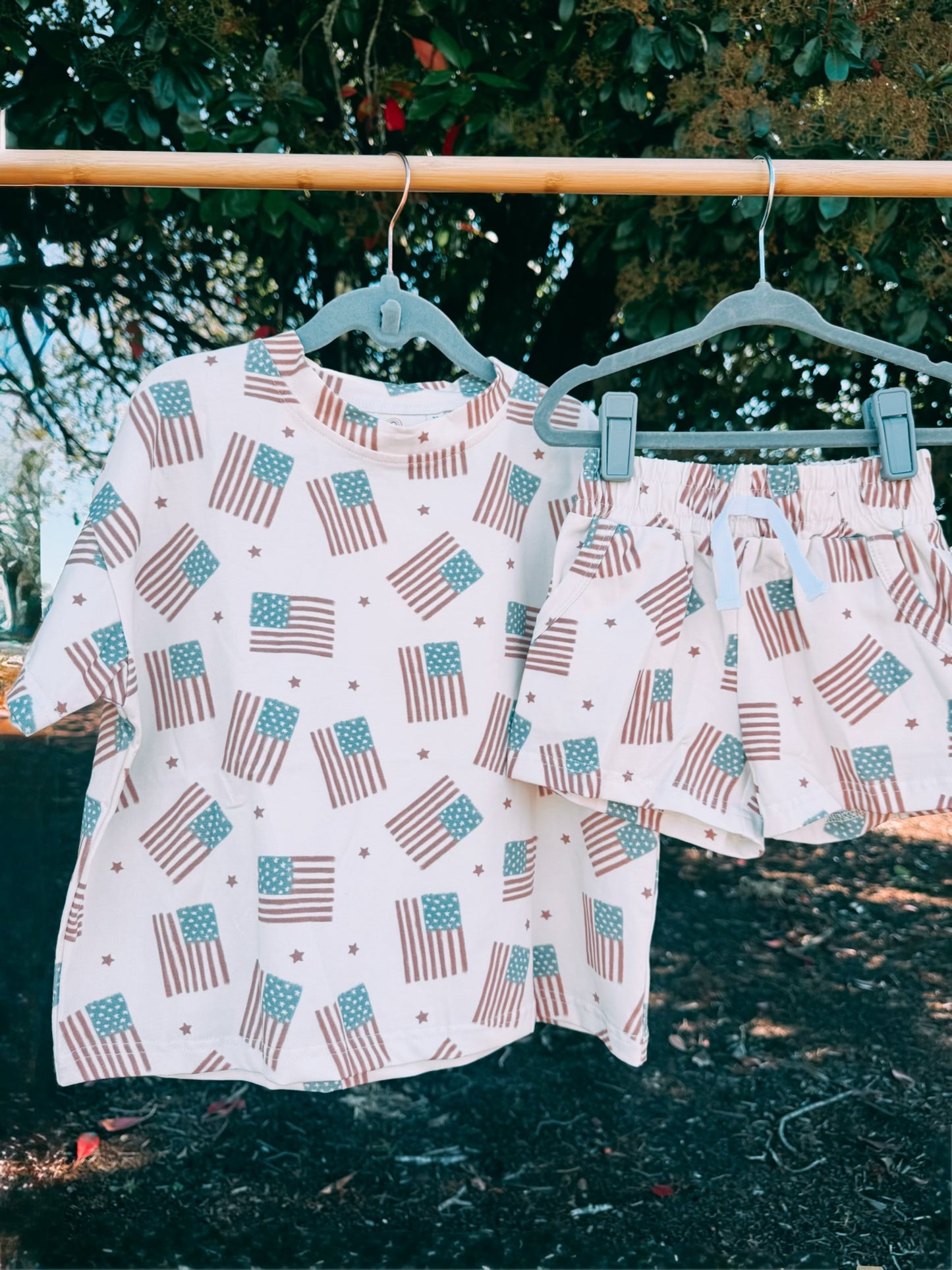 American Flag Print Shorts Set