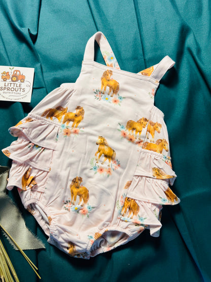 Pink Ponies Ruffle Sunsuit | Girls