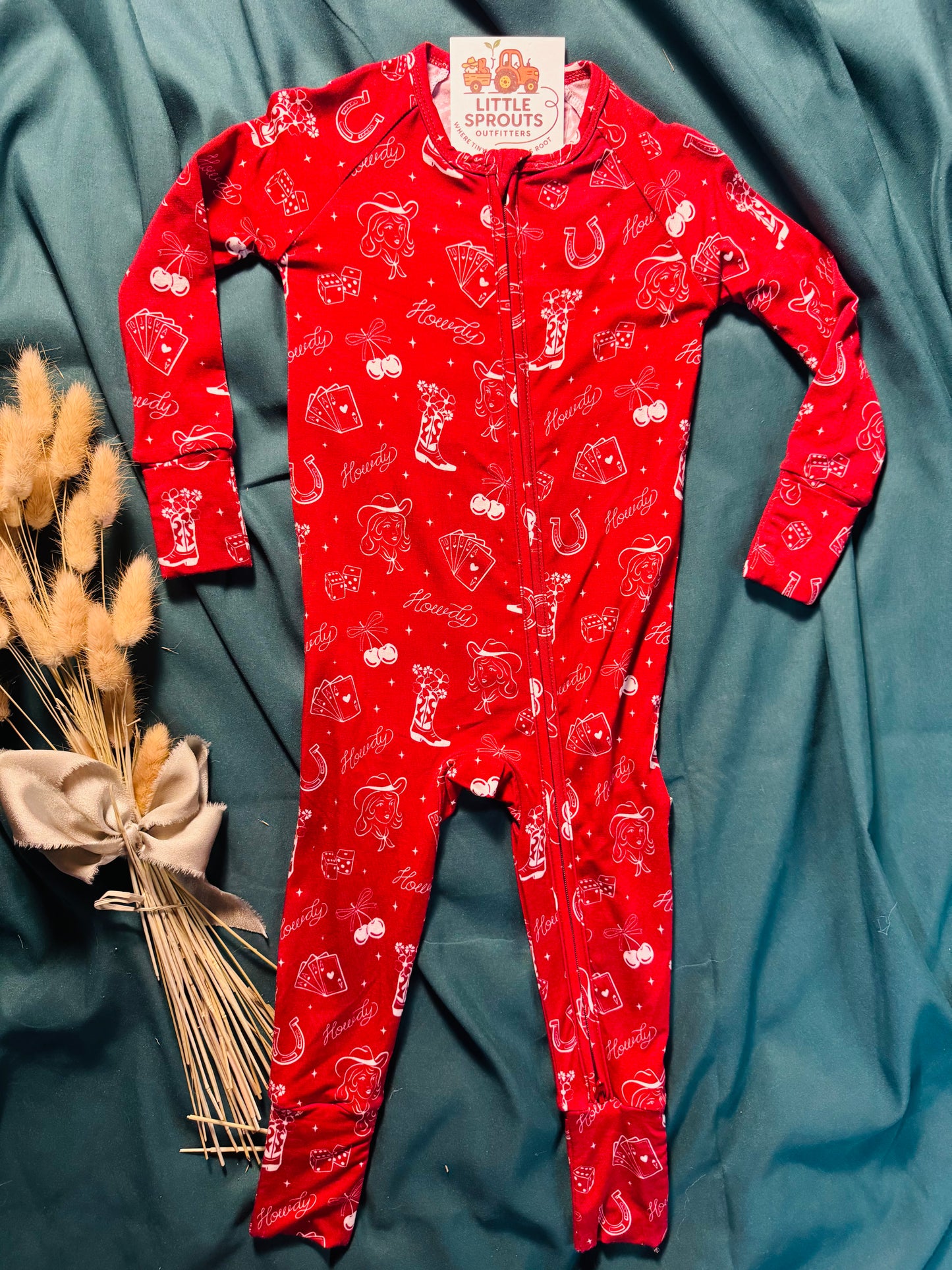 Red Cowgirl Cherry Heart Bamboo Zip Pajama | Girls