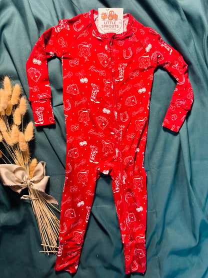 Red Cowgirl Cherry Heart Bamboo Zip Pajama | Girls