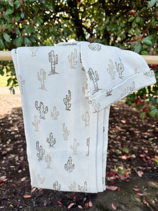 Light cream organic cotton fabric with brown cactus pattern with a batching infant beanie hat