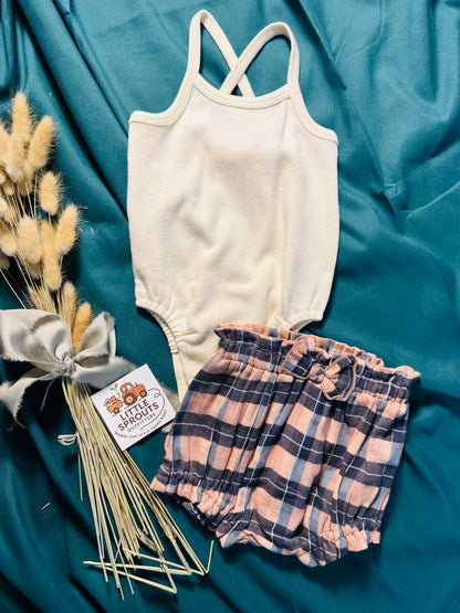 Cream Onesie + Trailside Plaid Bloomer Set