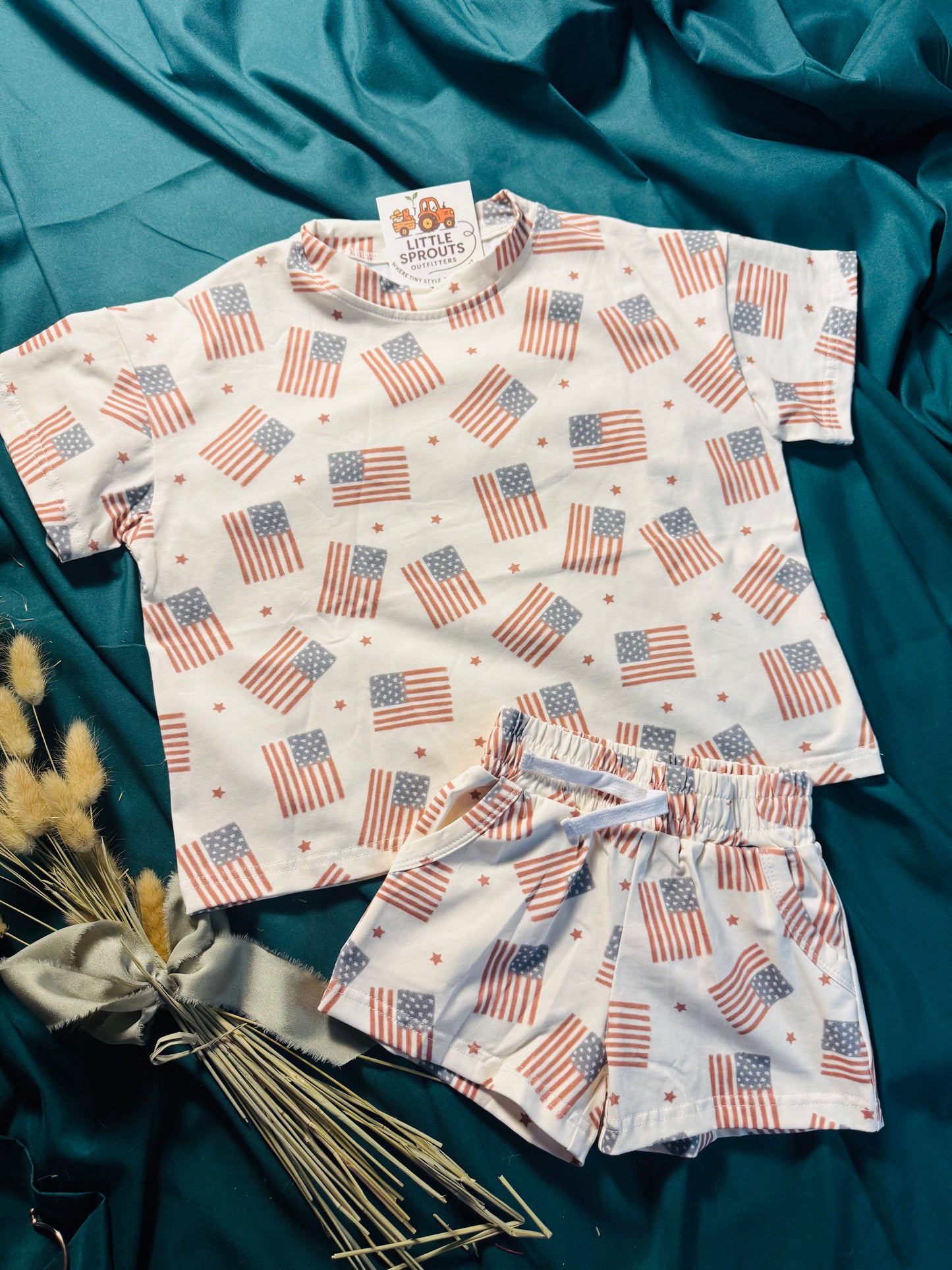 American Flag Print Shorts Set