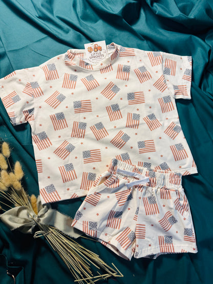 American Flag Print Shorts Set