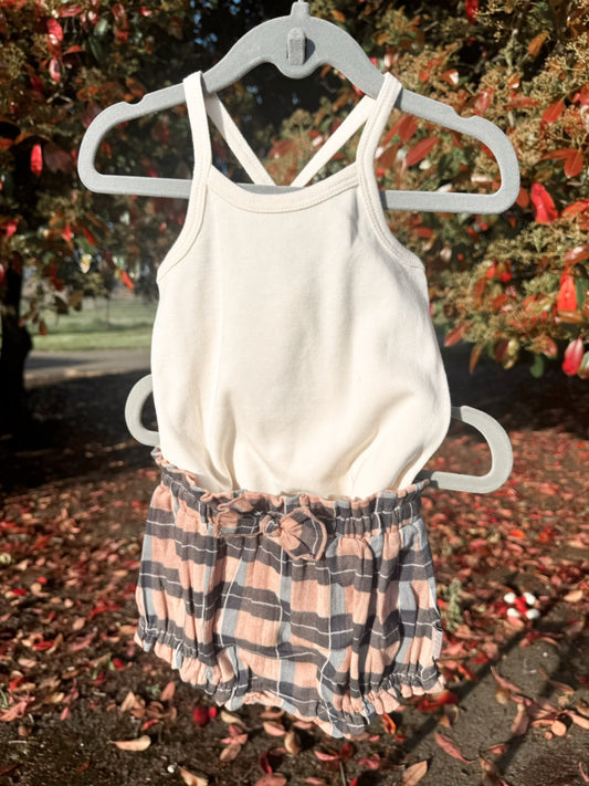 Cream Onesie + Trailside Plaid Bloomer Set