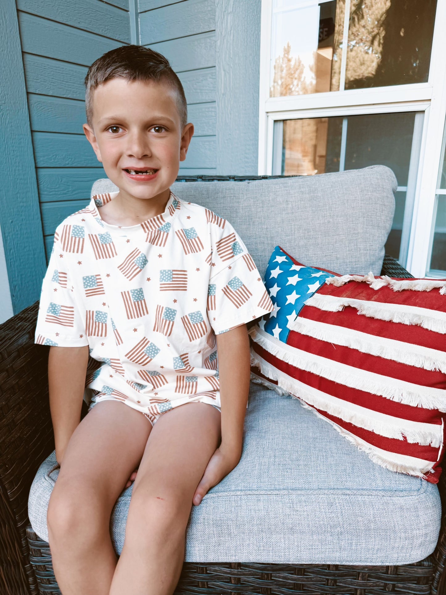 American Flag Print Shorts Set