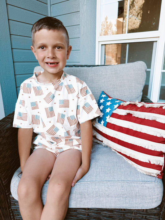 American Flag Print Shorts Set