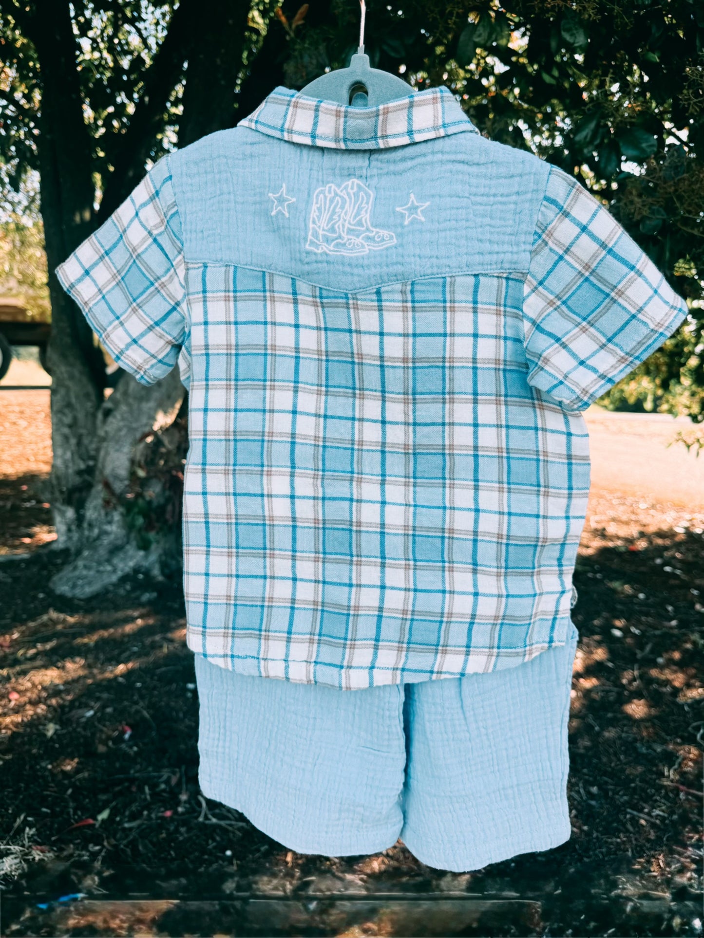 Western Plaid Pearl Snap Shirt & Shorts Outfit | Boys