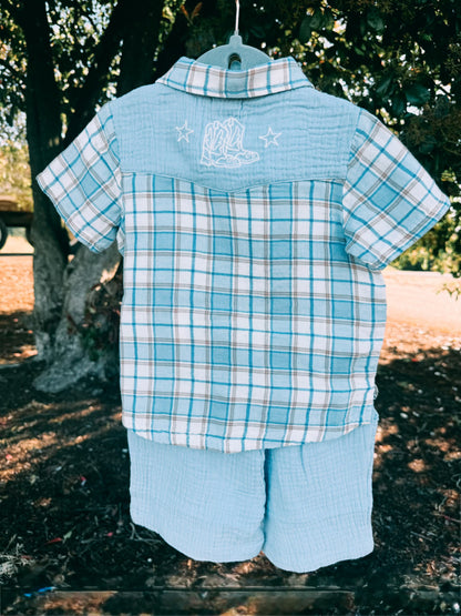 Western Plaid Pearl Snap Shirt & Shorts Outfit | Boys