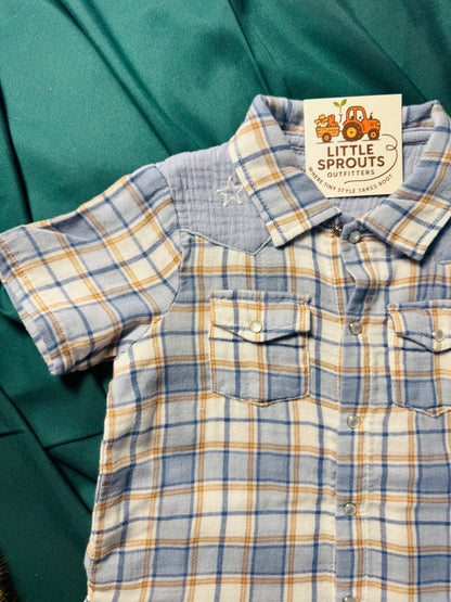 Western Plaid Pearl Snap Shirt & Shorts Outfit | Boys