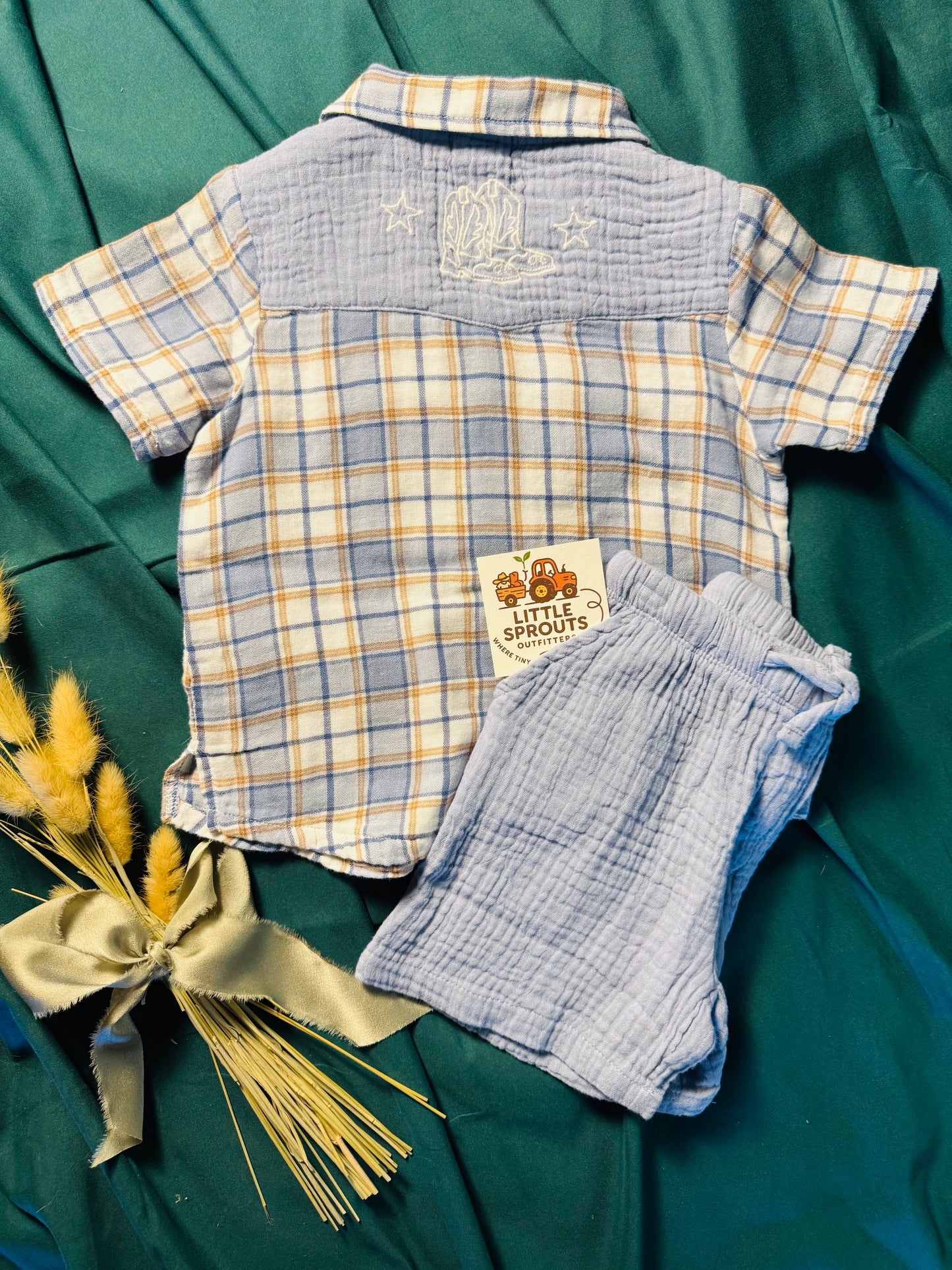 Western Plaid Pearl Snap Shirt & Shorts Outfit | Boys