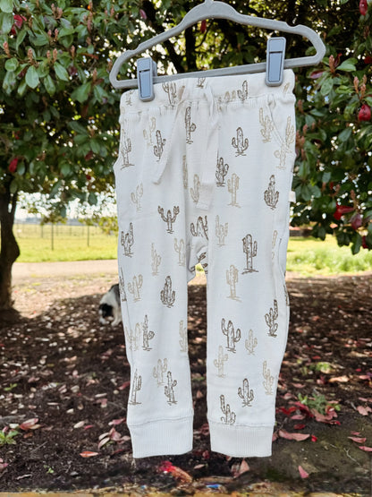 Cream harem jogger pants with brown cactus pattern with a drawstring hanging on a hanger. 