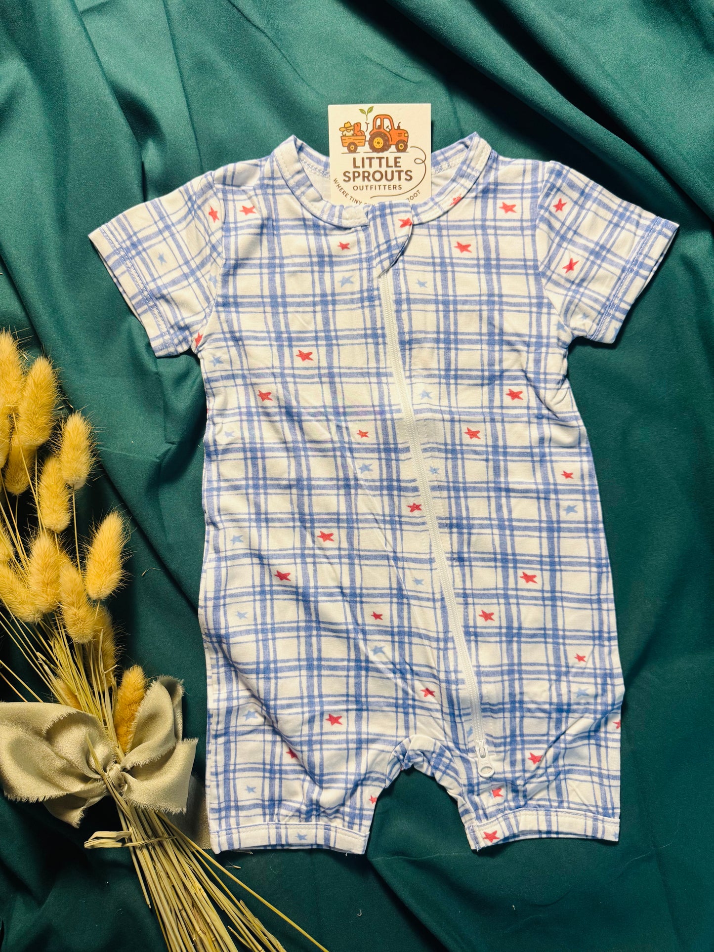 Blue Gingham Star Bamboo Zip Romper | Boys