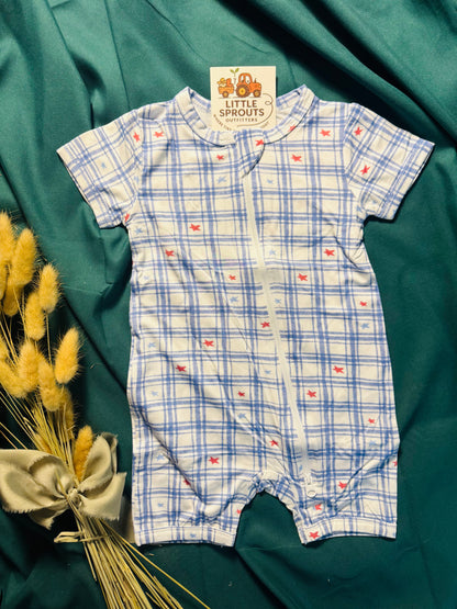 Blue Gingham Star Bamboo Zip Romper | Boys