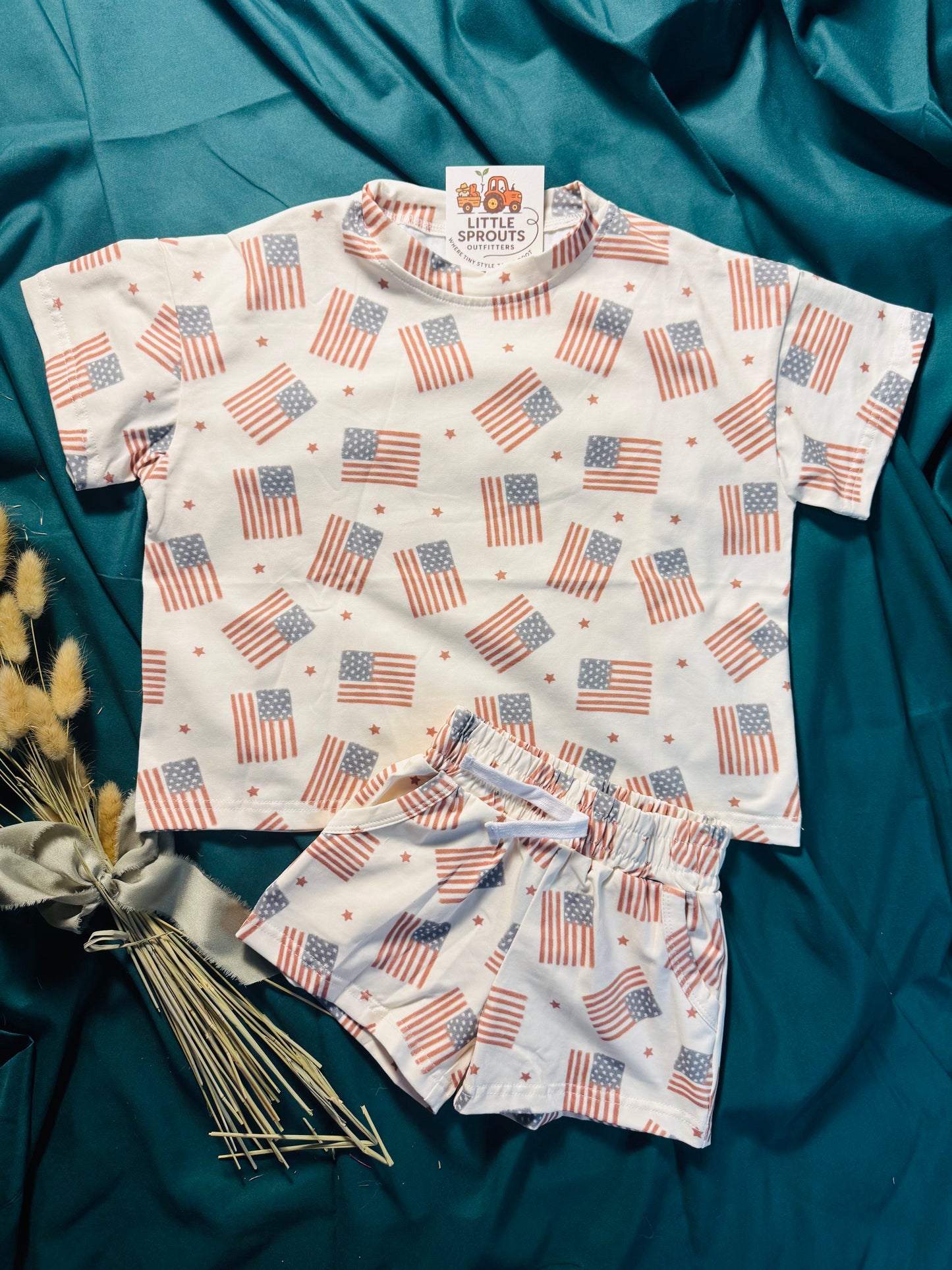 American Flag Print Shorts Set