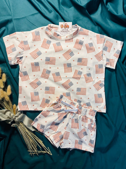 American Flag Print Shorts Set