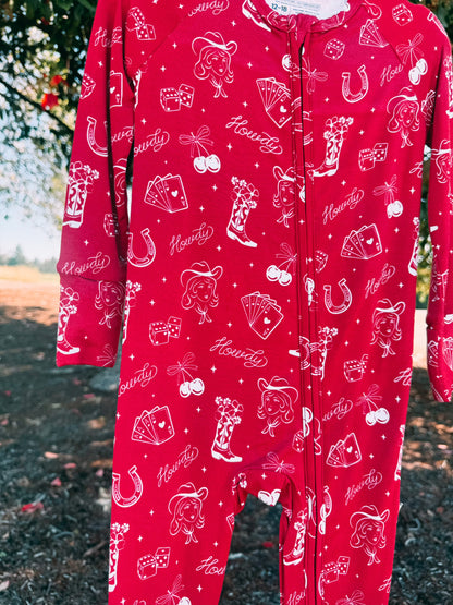 Red Cowgirl Cherry Heart Bamboo Zip Pajama | Girls