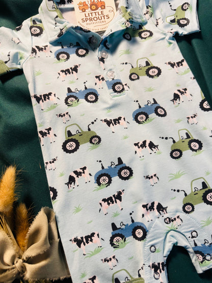 Farmer Blue Bamboo Polo Romper | Boys