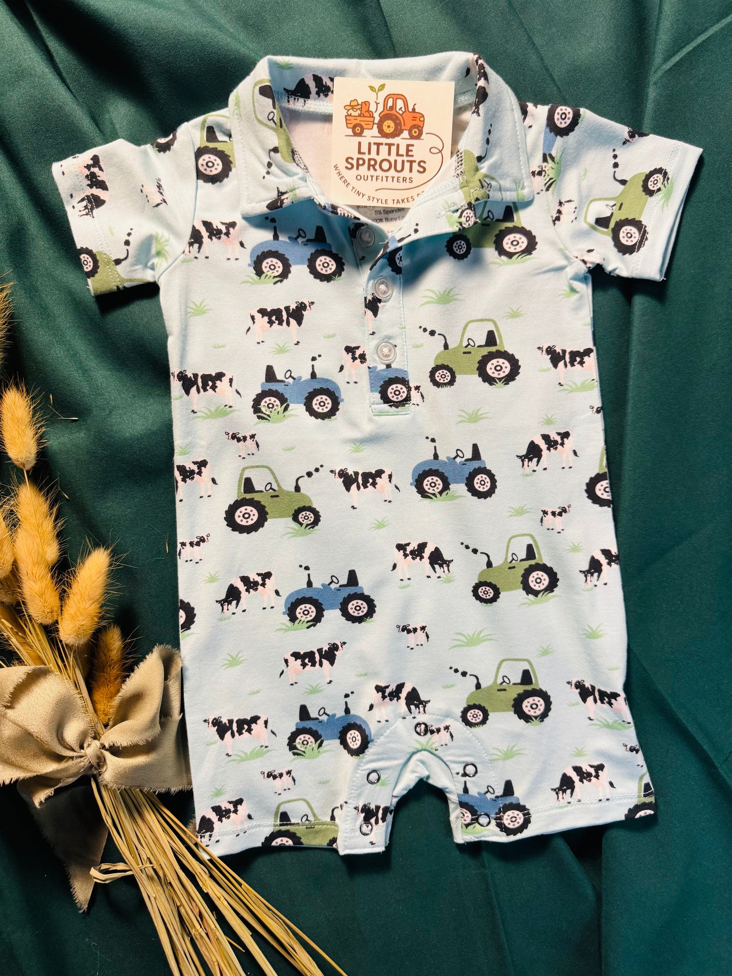 Farmer Blue Bamboo Polo Romper | Boys