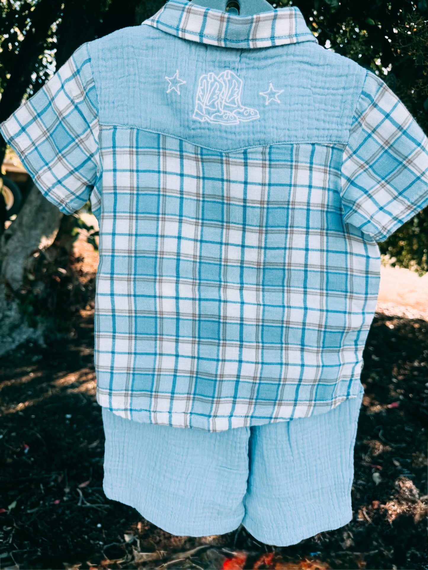 Western Plaid Pearl Snap Shirt & Shorts Outfit | Boys
