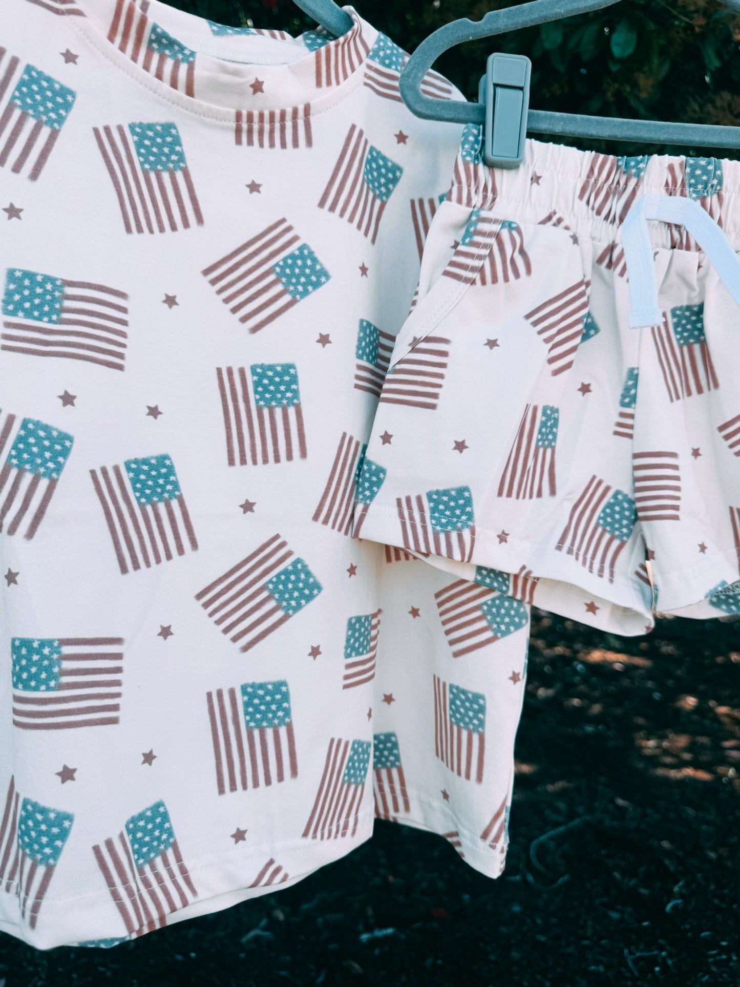 American Flag Print Shorts Set