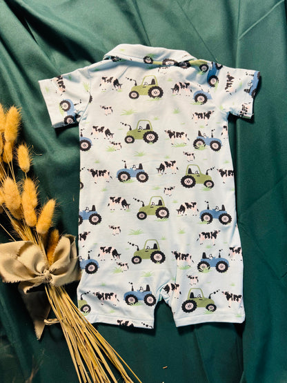 Farmer Blue Bamboo Polo Romper | Boys