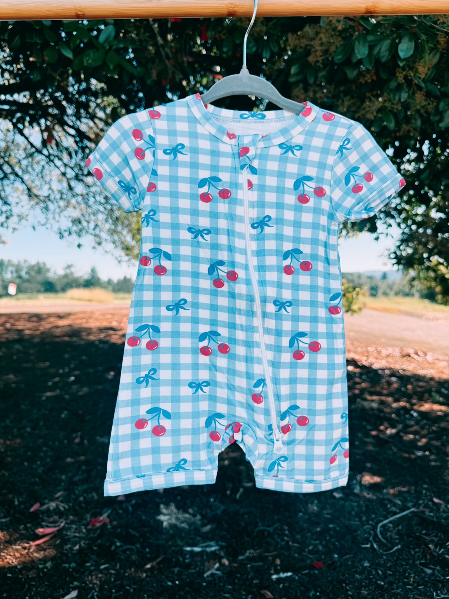 Red Cherry Gingham Bamboo Zip Romper | Girls