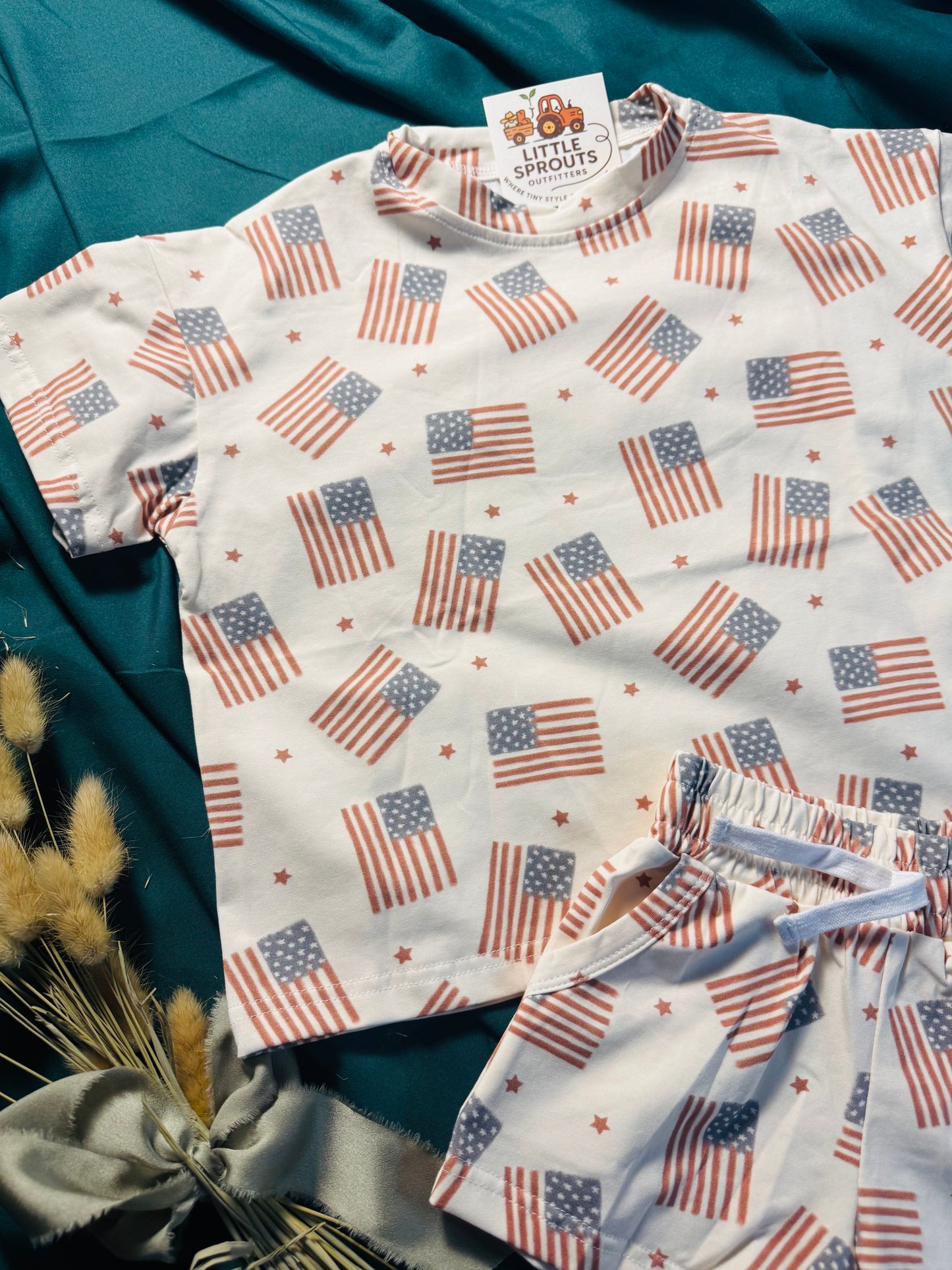 American Flag Print Shorts Set