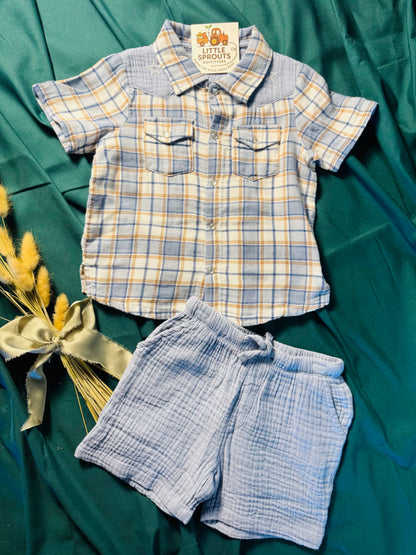 Western Plaid Pearl Snap Shirt & Shorts Outfit | Boys