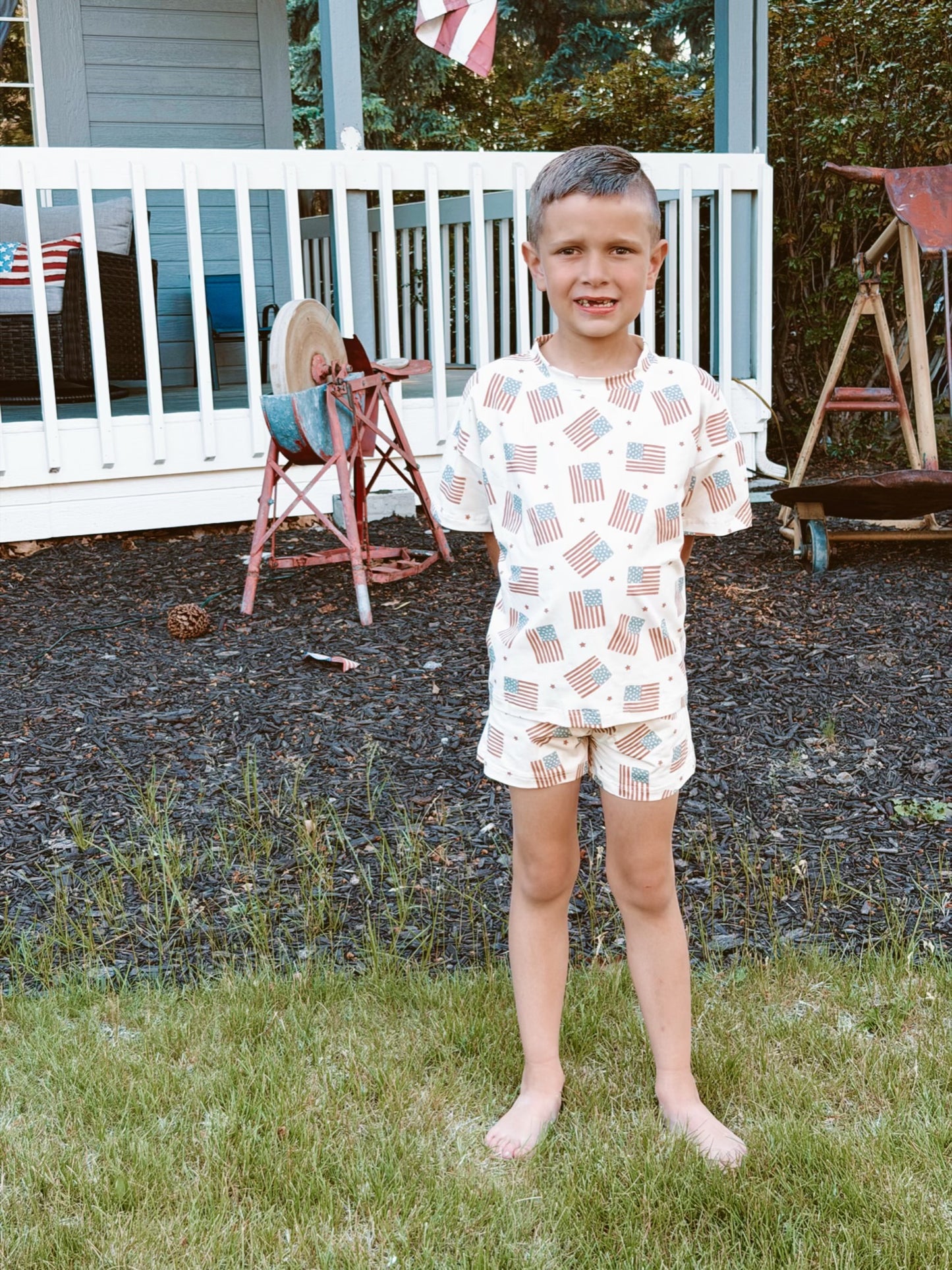 American Flag Print Shorts Set
