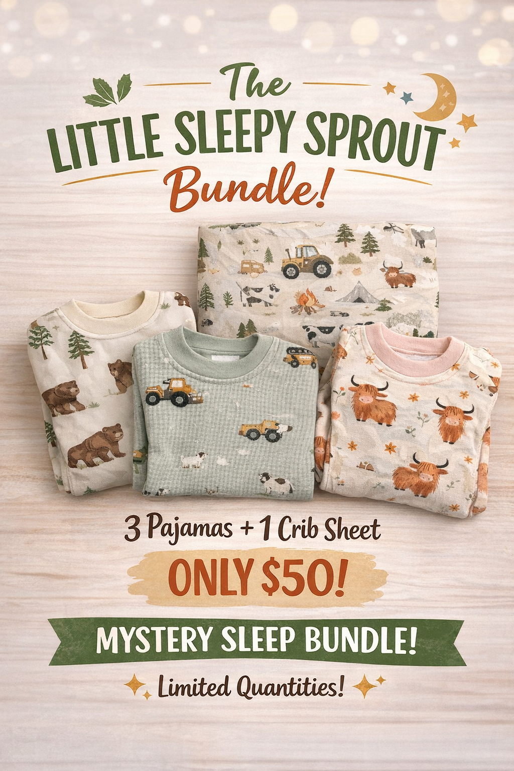Children's pajamas and crib sheet set with 'The Little Sleepy Sprout' branding on a wooden surface.