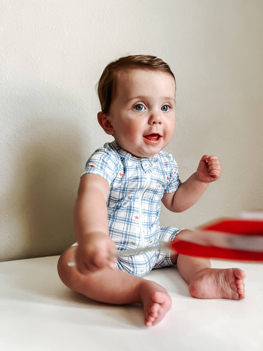 Blue Gingham Star Bamboo Zip Romper | Boys