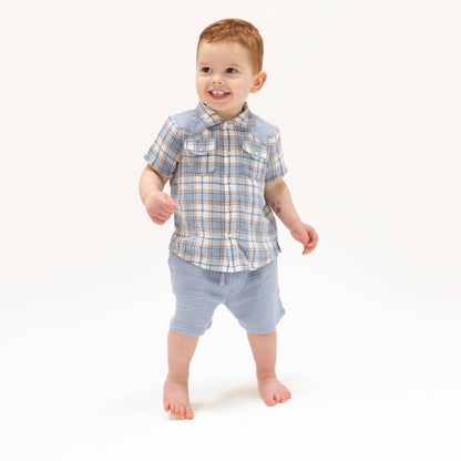 Western Plaid Pearl Snap Shirt & Shorts Outfit | Boys